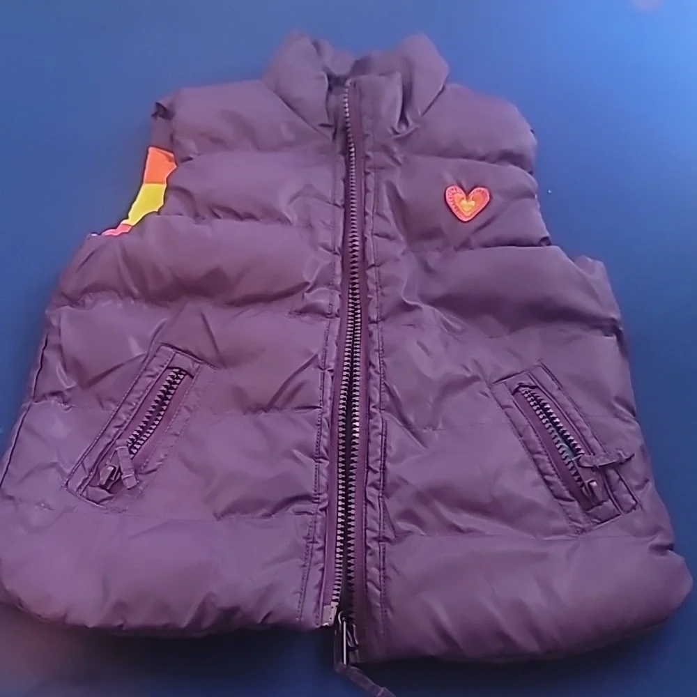Reversible Purple Puffer Vest with Heart Patch One Side And Colorful Stripes